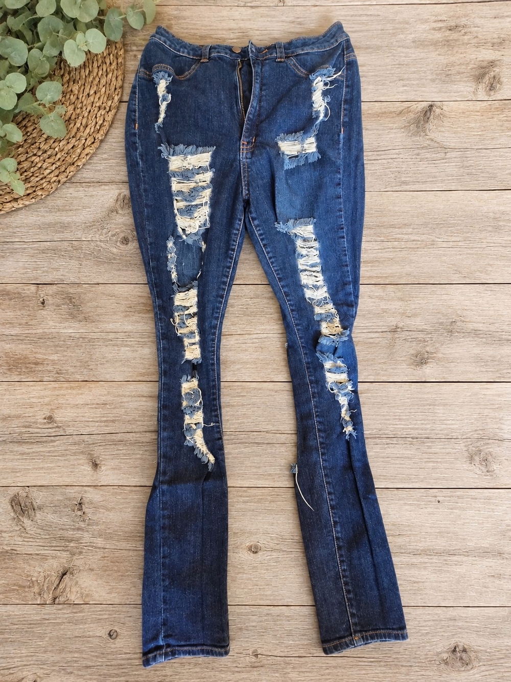 Fashion Nova Distressed Ripped Jeans Size 11/30 Dark Wash